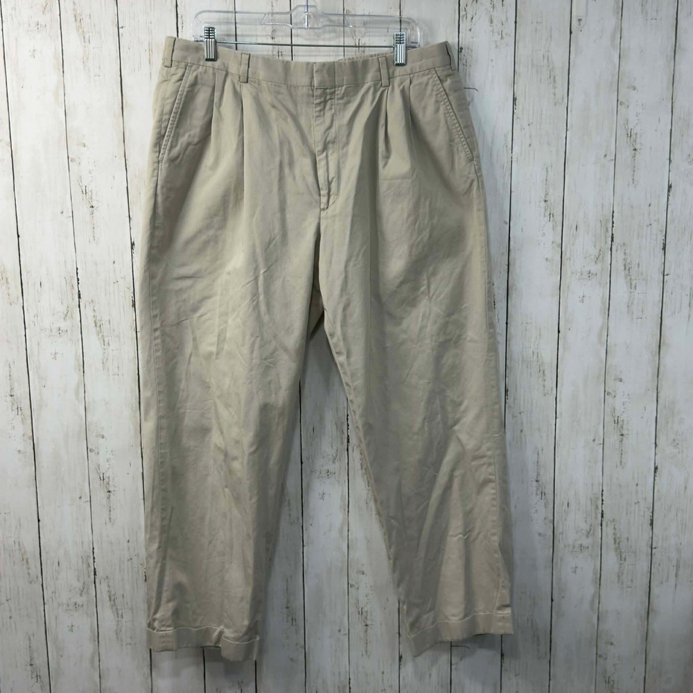 Brooks 346 Men's Khaki Flat Front Pleated Cotton Chinos‎ Pants Size 38x29